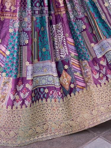 Zeel Clothing Women's Digital Print with Zari Dori Embroidery Work Chinnon Silk Lehenga Choli With Dupatta (7050-Women-Lehenga-Choli-New; Free size) (Purple)