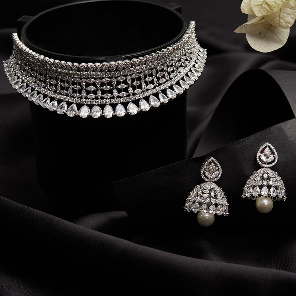 VOYLLA Cz Elegance Silver Plated Shiny Necklace Set For Women|Womens Jewellery Set|Gift For Women|Womens Gift|Gift For Her|