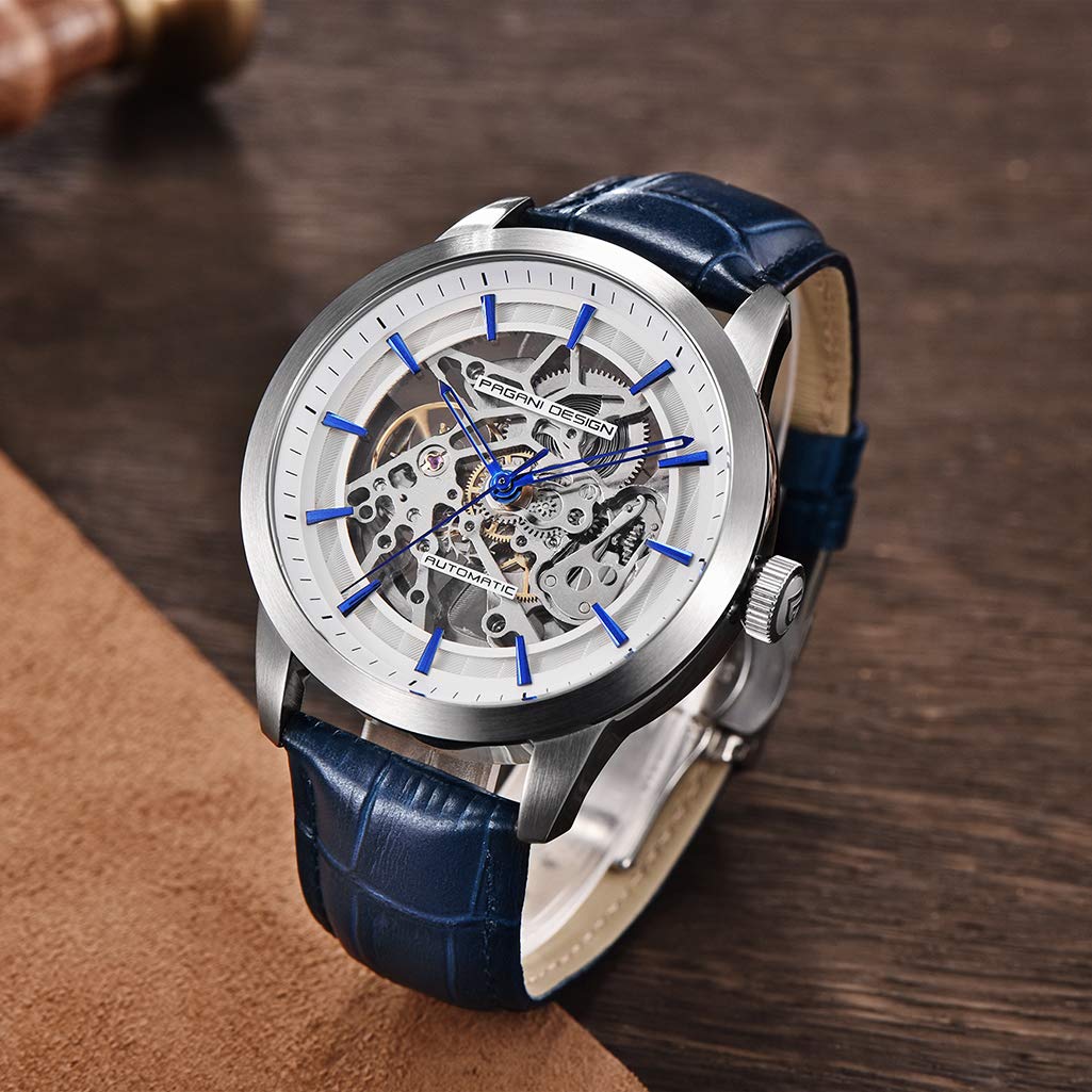 Pagani Design Automatic Mens Watches Skeleton Mechanical Wrist Watch For Men Waterproof Genuine Leather Watchband Luxury Self-Winding Stainless Steel Analog Watch Collection (Blue Silver 1638)