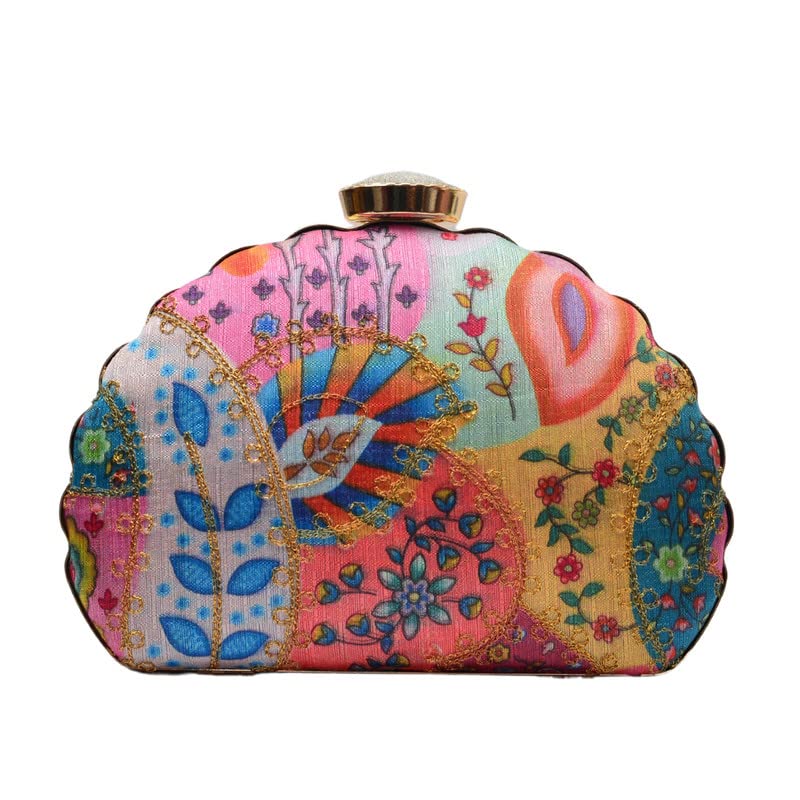 Artklim Floral With Embroidery Round Moon Clutch Bag for Women with Detachable Strap