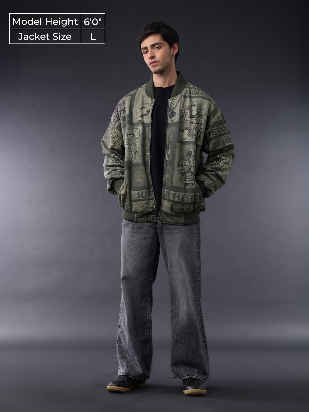 The Souled Store Marvel: Heroes Assemble Men and Boys Full Sleeves Round Neck Dark Green Graphic Printed Polyester Regular Fit Lightweight Reversible Bomber Jacket