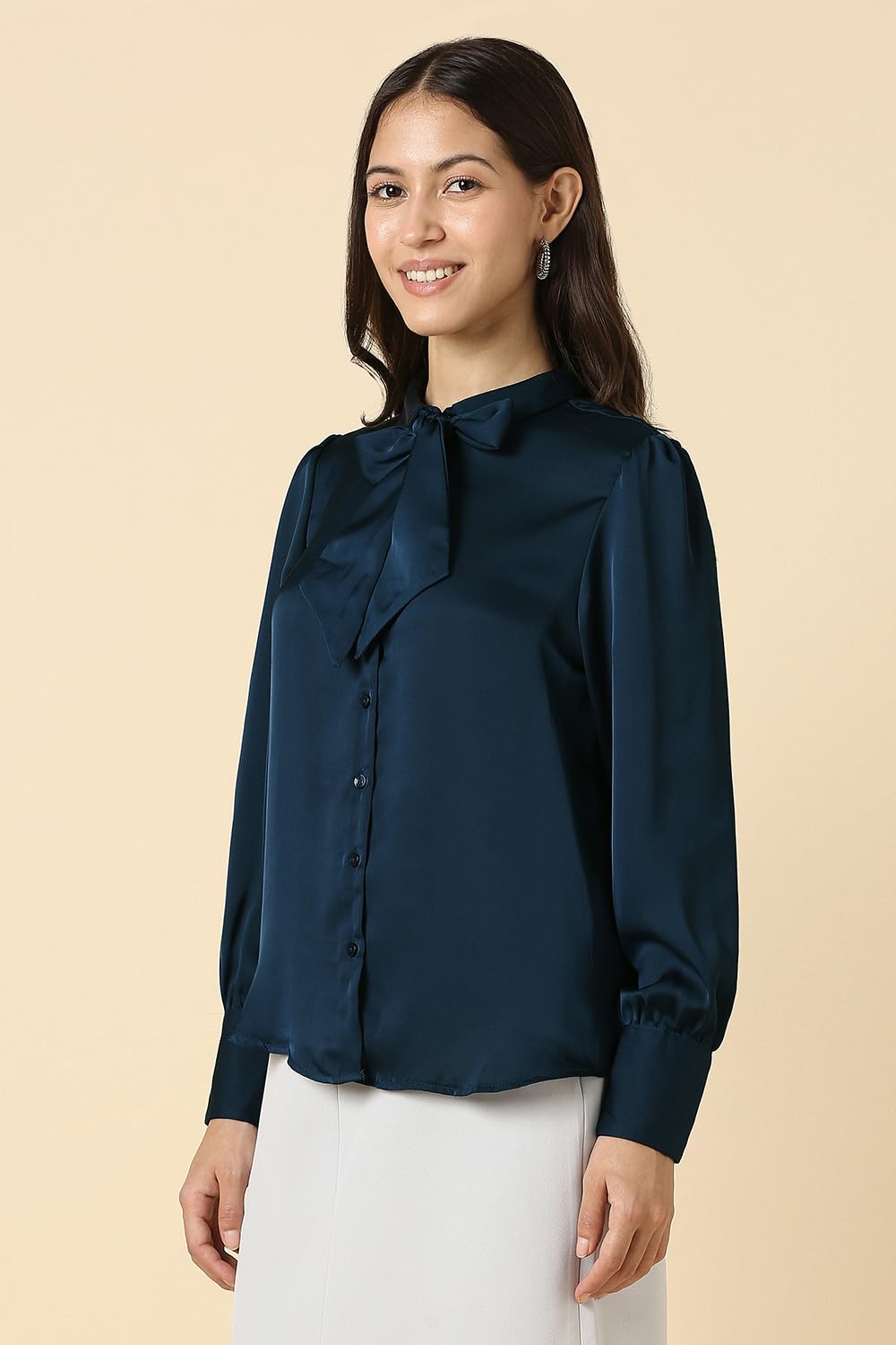 Allen Solly Women's Solid Regular Fit Shirt (AHSFWRGF398397_Navy