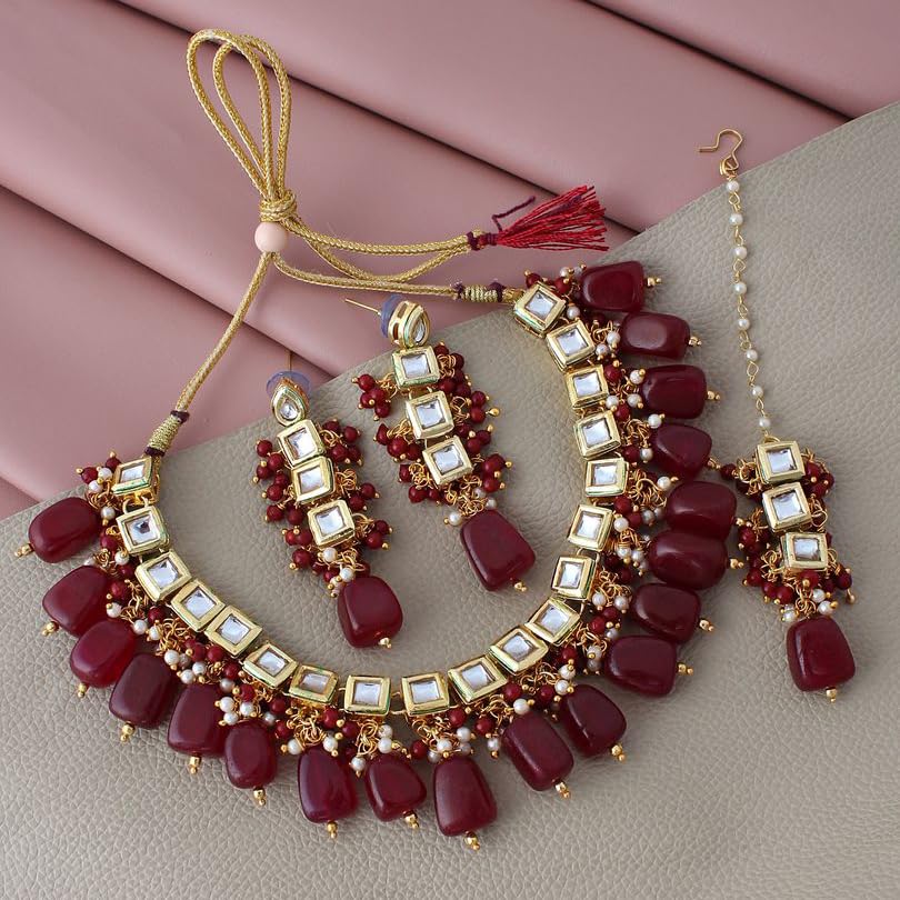 Lucky Jewellery Back Meenakari 18k Gold Plated Maroon Color Square Shape Tika Earring Combo Jewellery Set Uncut Kundan Big Faux Kundan Dibbi Kundan Choker Necklace Set for Girl's & Women