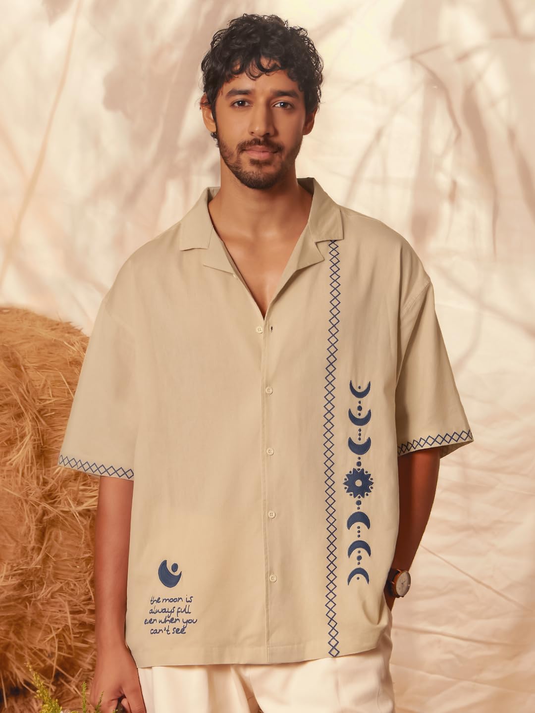 The Souled Store Bloom: Believe Men and Boys Short Sleeves Collared Neck Button Front Beige Embroidered Regular Fit Cotton Shirts