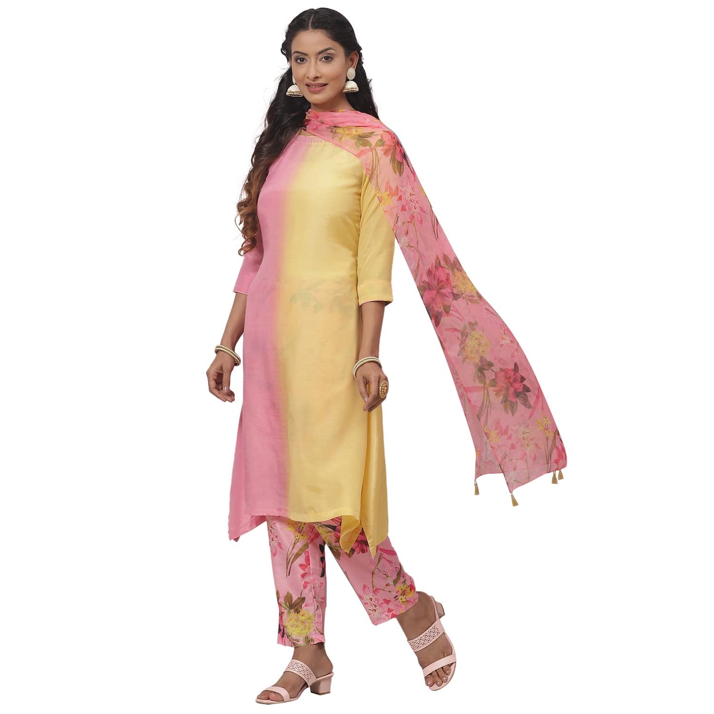 BIBA WOMEN PRINTED NARROW SALWAR KURTA DUPATTA(SKDCANDY KU7888_YELLOW-PINK_32)