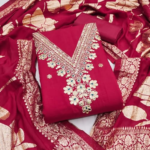 Leeli Peeri Designer Women's Silk Embroidery Work Unstitched Salwar Suit Dress Material