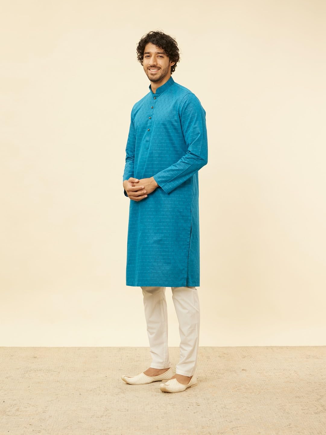 Manyavar Men's Blue Blended Cotton Self Design Kurta Pyjama Set