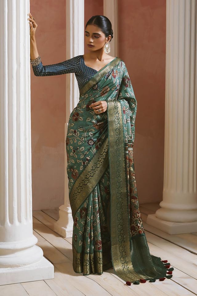 Soch Womens Turquoise Blue Crepe Saree With Floral Kalamkari Print And Zari Borders
