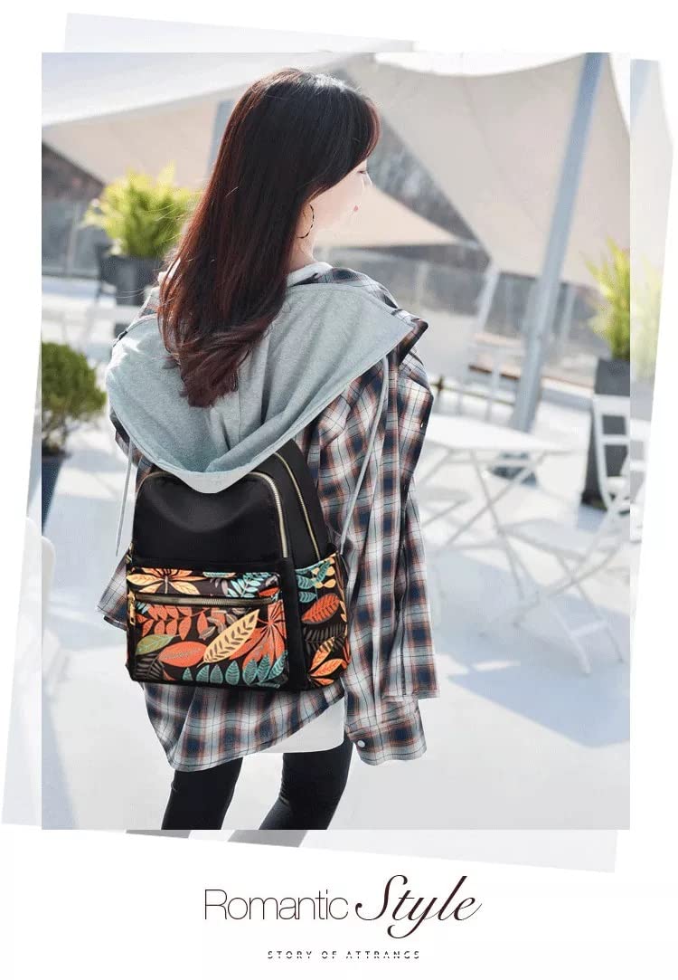 WANQLYN Ethnic Style Backpack For Women and Girls,Fashion Bag,Nylon College,School,Office Bag,Printed Backpack (Leaf Black)