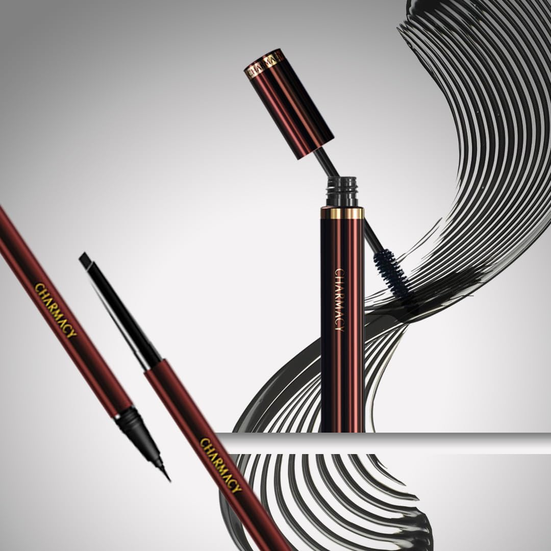 Charmacy Milano Eyeliner & Mascara Combo, CMC Duo Eyebrow Filler and Eyeliner Sketch (Dark Brunette) 0.6ml & CMC 360 Degree Volume Mascara Intense (Black) 8G, Waterproof, Smudge-proof