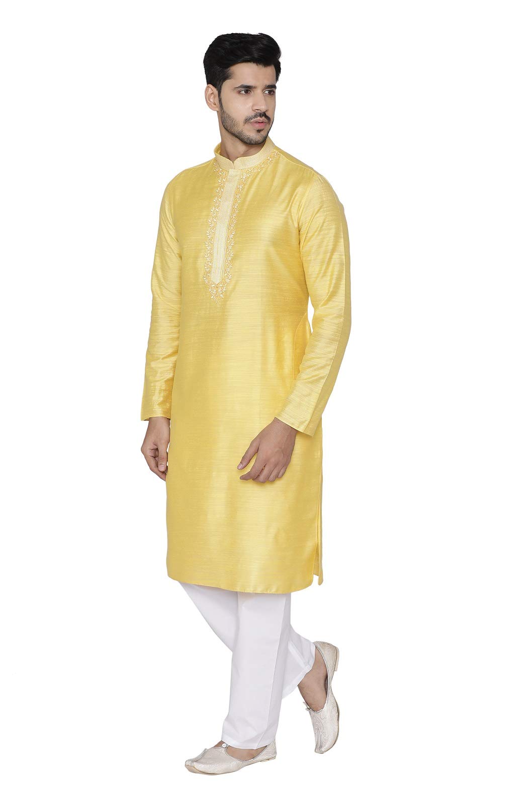 Manyavar Self Design Knee Long Full Sleeves Kurta and Churidar Set For Men - (Yellow, X-Large)