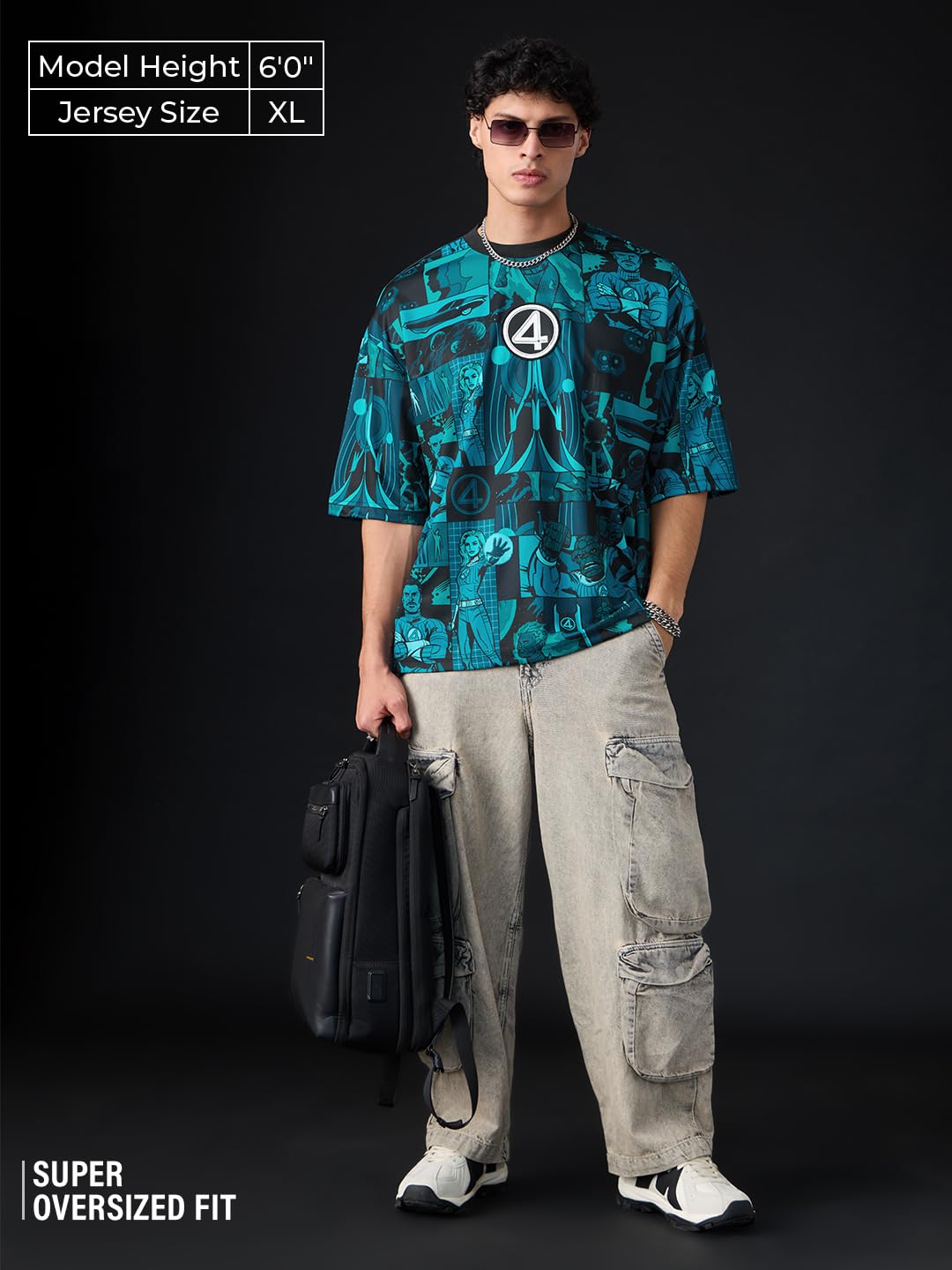 The Souled Store Marvel: Team-Up Men and Boys Short Sleeves Round Neck Blue Graphic Printed Polyester Oversized Jersey