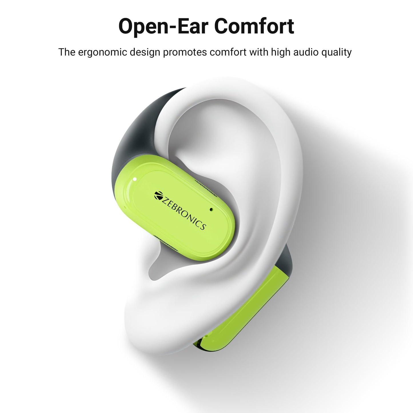 ZEBRONICS PODS O, Wireless Open-Ear Earbuds, OWS, 40 Hrs Backup, Neodymium Drivers, Ultra Comfort Fit, Quad MIC ENC, Rapid Charging, Bluetooth, Dual Pairing, Flash Connect, Low Latency Gaming (Green)