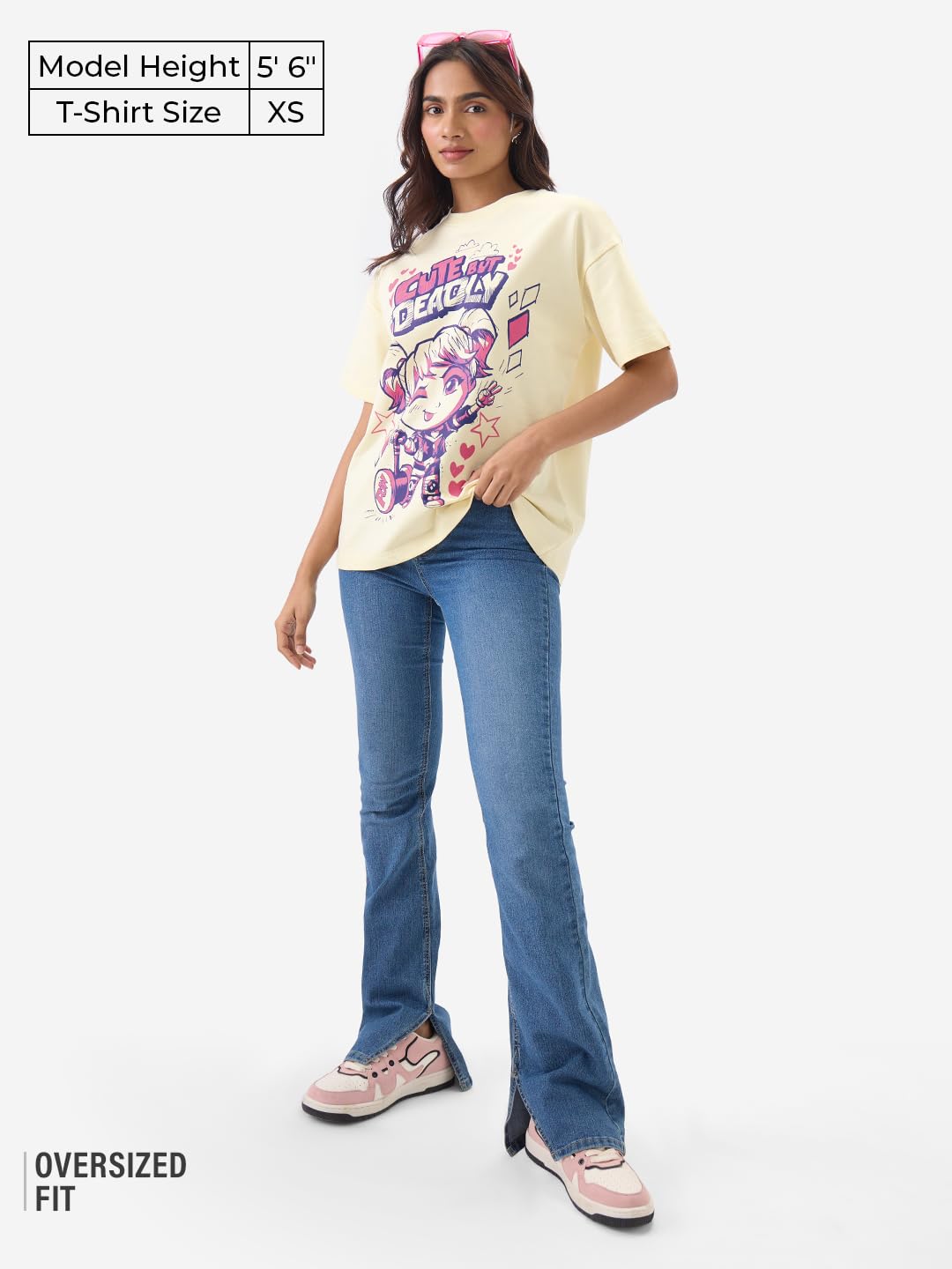 The Souled Store Official DC: Cute But Deadly Women and Girls Short Sleeve Round Neck Yellow Graphic Printed Cotton Oversized T-Shirts