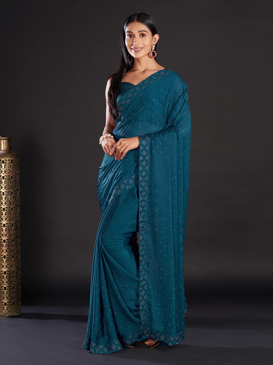 AKHILAM Women's Satin Embellished Designer Saree With Unstitched Blouse Piece (GLMP1402_Teal blue)