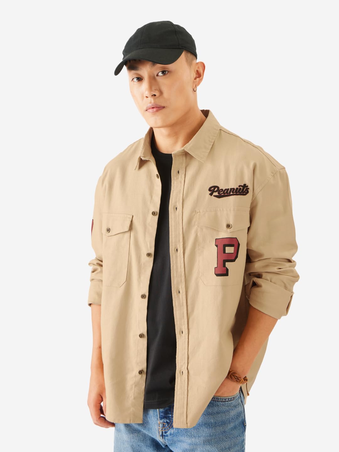 The Souled Store Official Peanuts: Big 50 Men and Boys Long Sleeve Collared Neck Button Down Brown Graphic Printed Regular Fit Cotton Utility Shirts