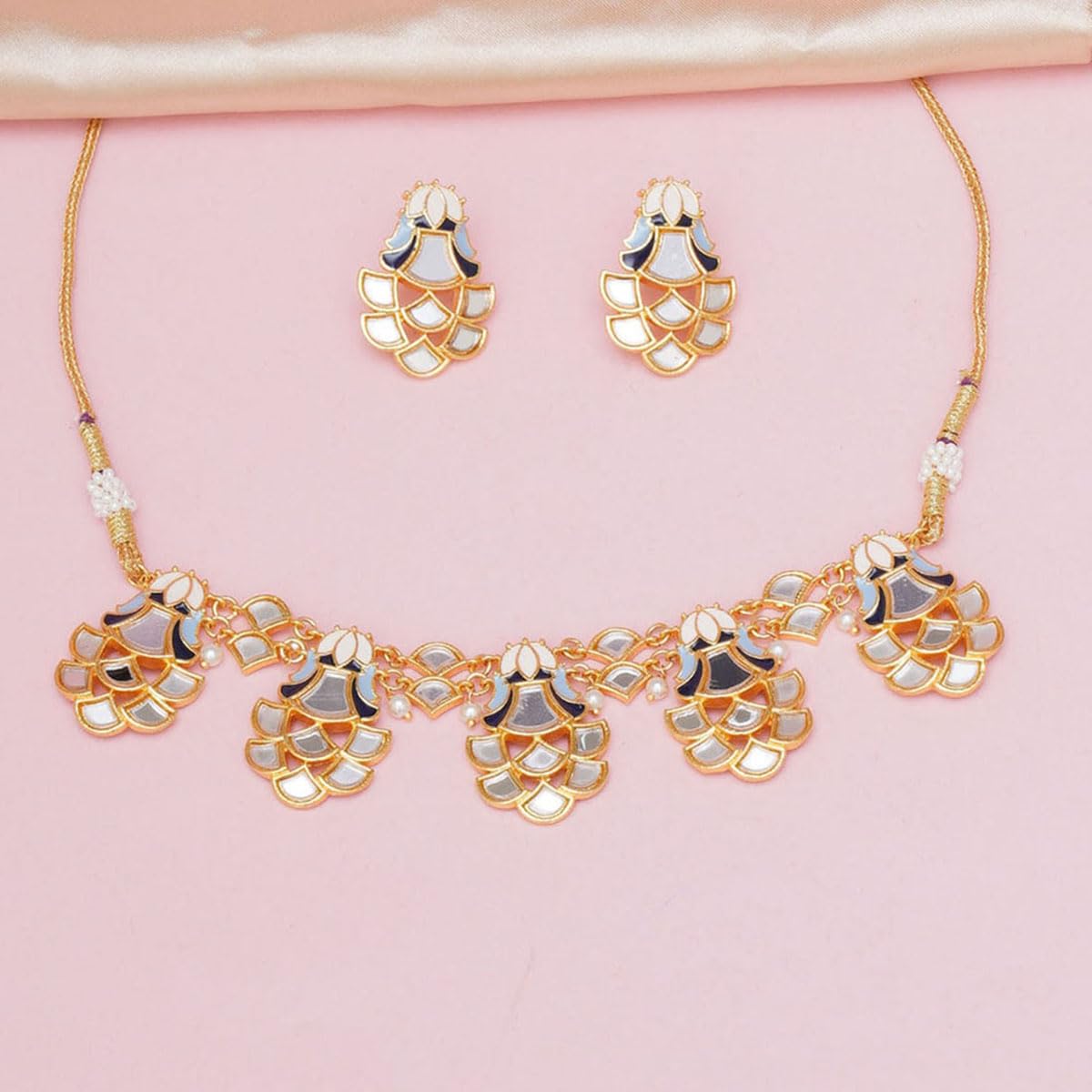 VOYLLA Festive Hues Mirror Work Enamelled Brass Gold Plated Choker Jewellery Set