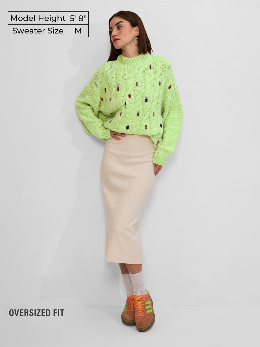 The Souled Store Cable Knit Sweater : Lime Women Oversized Sweater