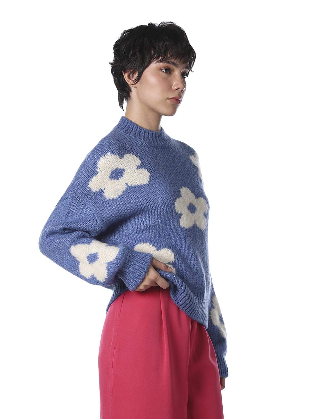 ONLY Jdykilian Flower Floral Self Design Pullover with Fuzzy Detail