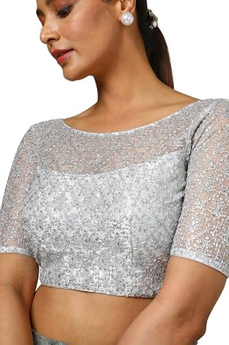 Soch Womens Silver Net Embroidered Padded Blouse with Sequins
