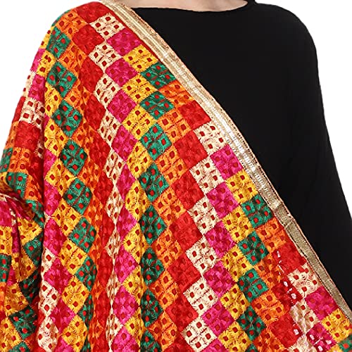 SWI WITH LABEL Women's Embroidered Phulkari Chiffon Dupatta