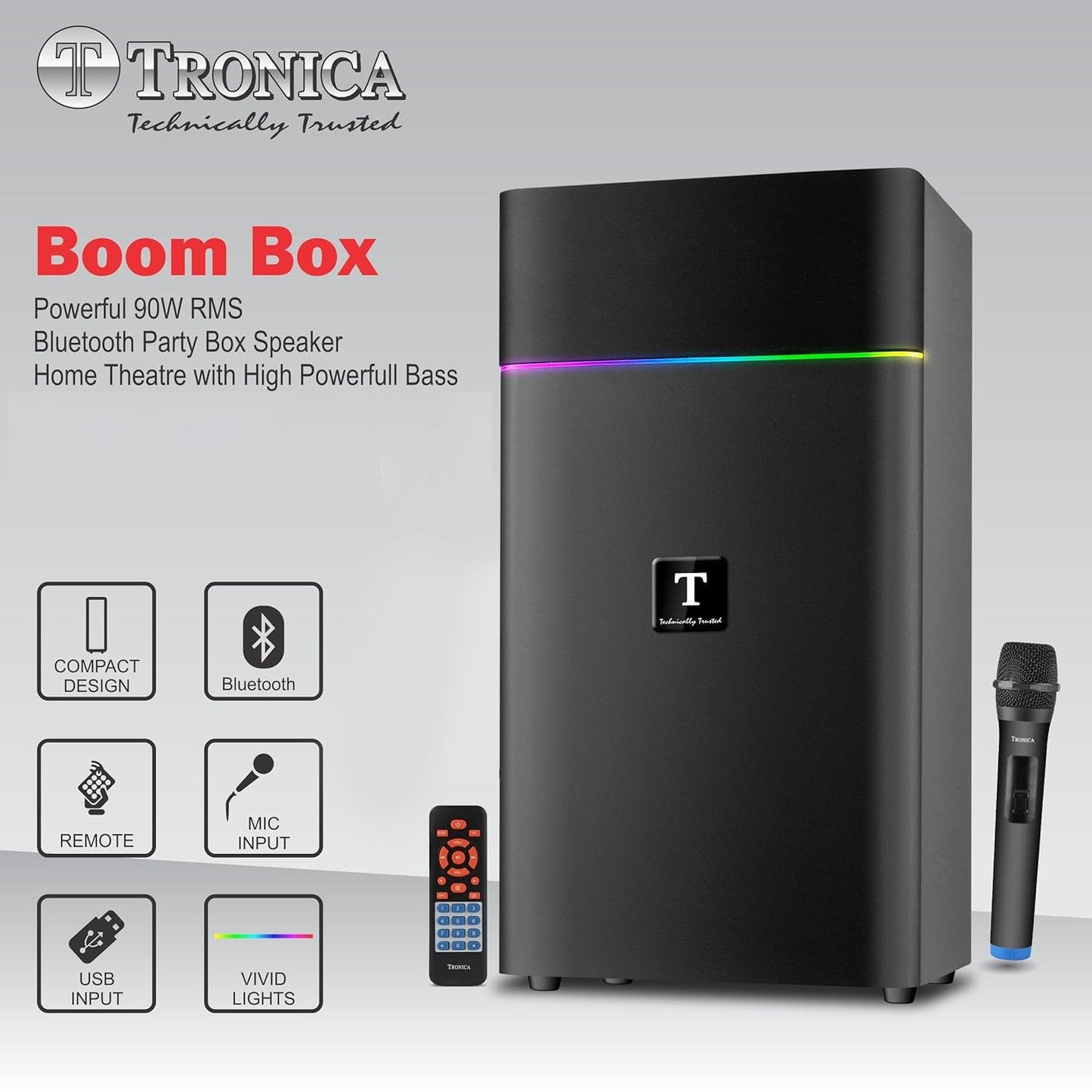 Tronica Boom Box Powerful 90W RMS Bluetooth Party Box Speaker Home Theater with High Powerfull Bass with Two Free mics (one Wireless & one Wired) USB,FM,Aux,Smart TV Support & Vivid Lights