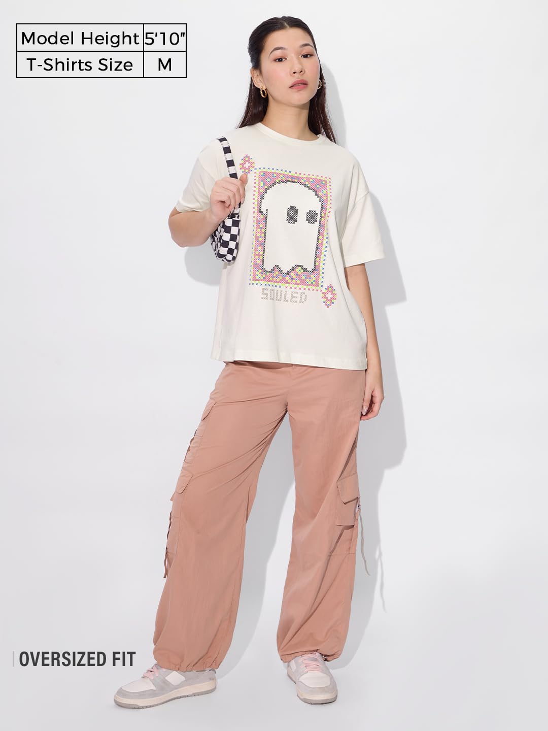 The Souled Store Soul Spark Women and Girls Short Sleeves Round Neck Off White Puff Printed Cotton Oversized T-Shirts