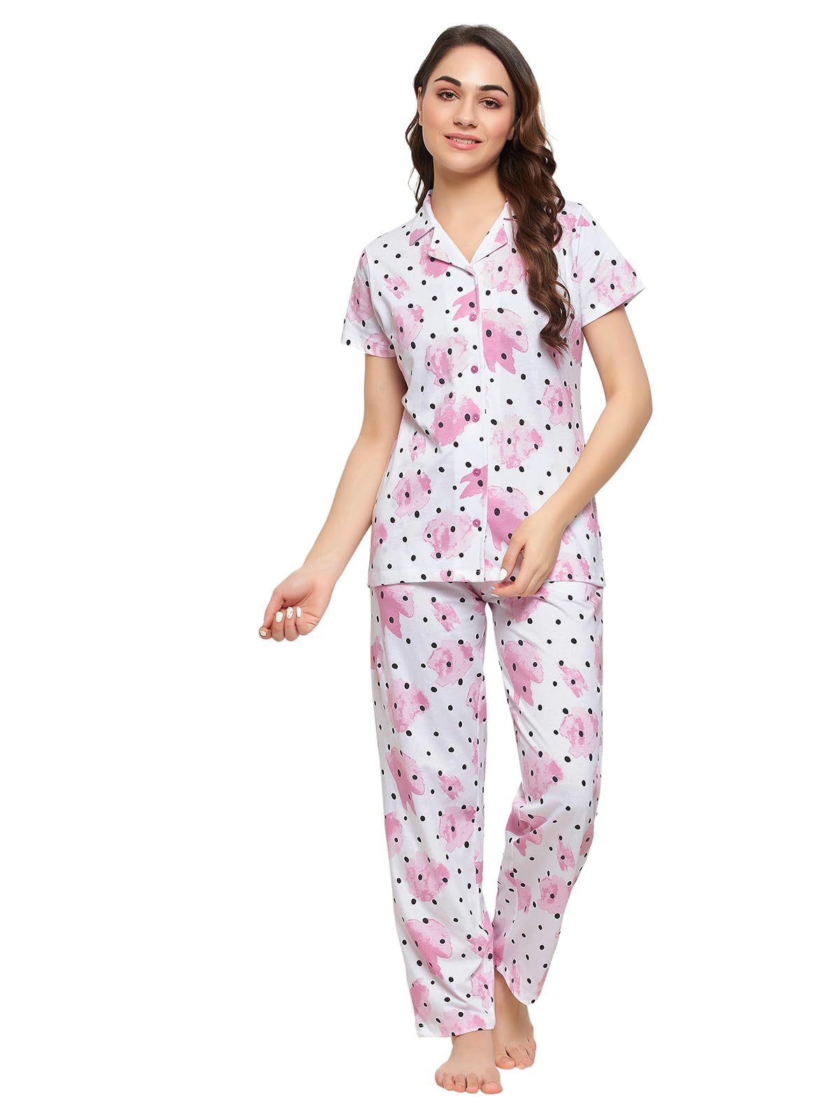 Clovia Women's Cotton Print Me Pretty Button Down Shirt & Pyjama Set (LS0025K18_White_XL)