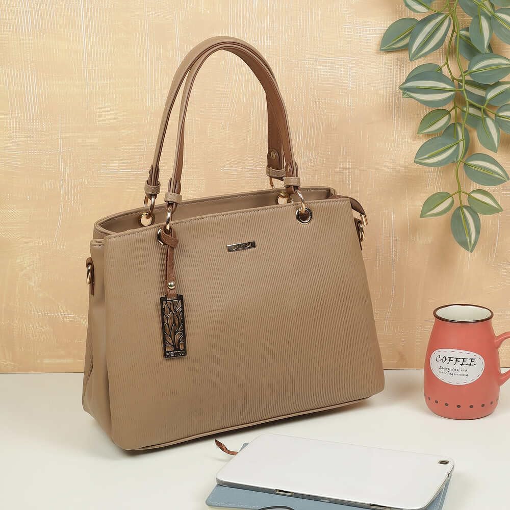 Metro Women Beige Faux Leather Handbag with Detachable Sling (66-7852)