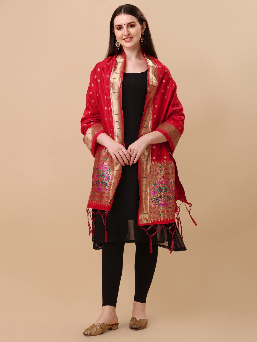 DEVANGI Women's Woven Paithani Banarasi Silk Dupatta/Chunni For Women, Animal Print 1 Meter Wide and 2.3 Meter Length Printed Designer Dupatta/Chunni For Girls (Red)