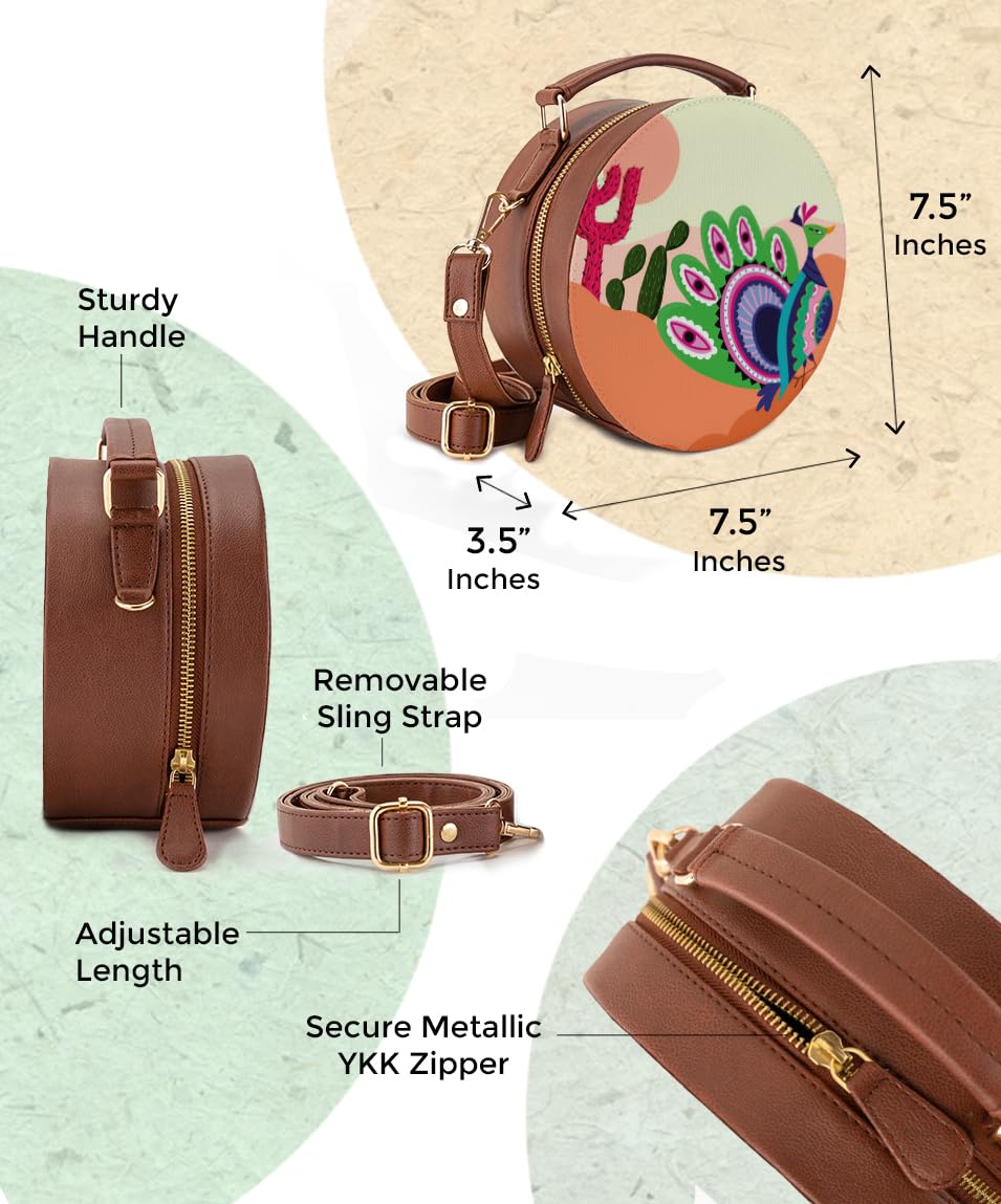 Kalankit Round Sling For Women | Girls Crossbody Bags | Side Bags With Adjustable Strap | Travel Box Sling Bags | Desert Peacock
