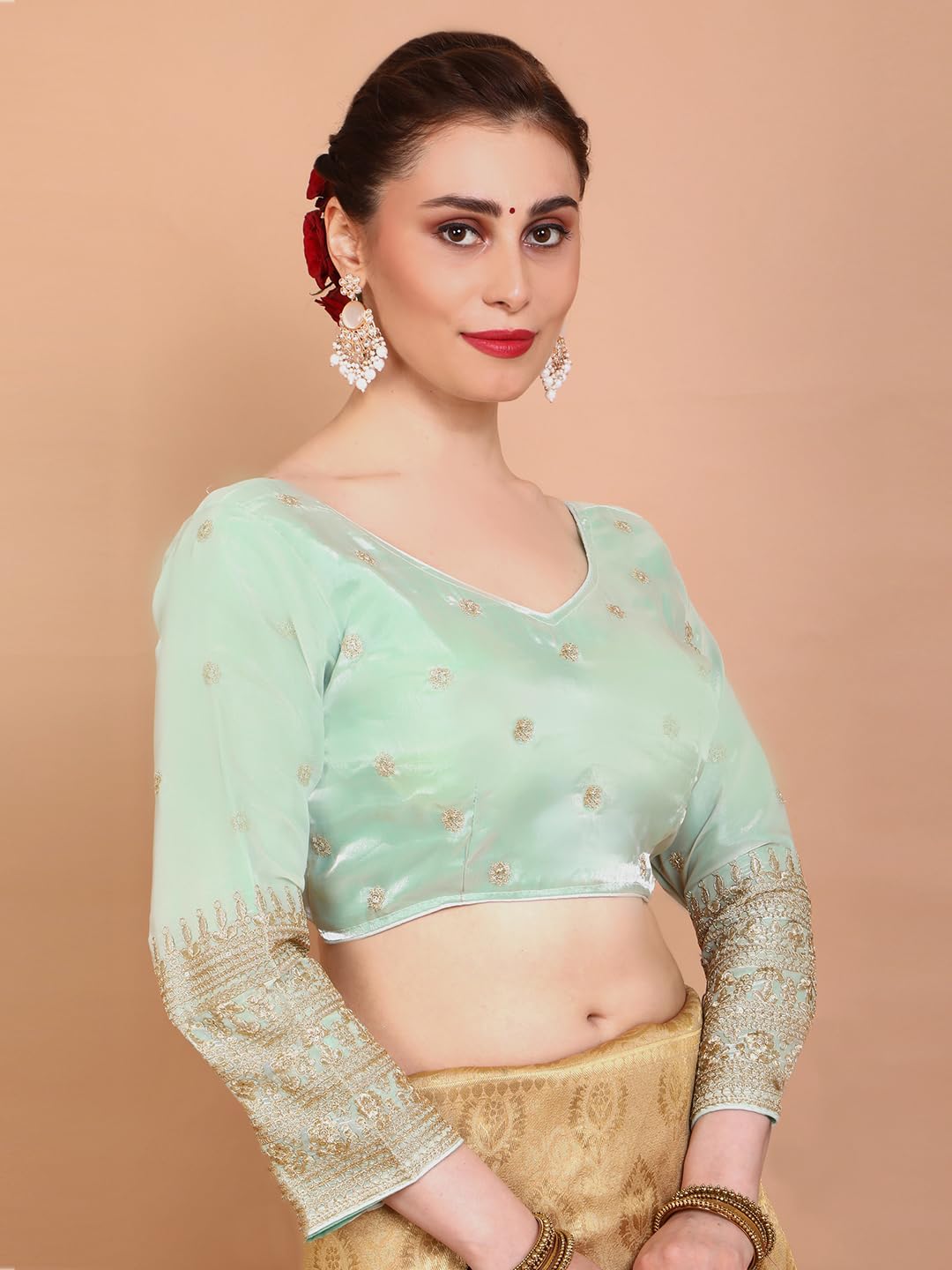 S SALWAR STUDIO Pista Green Organza V Neck Embroidered Readymade Alterable Blouse