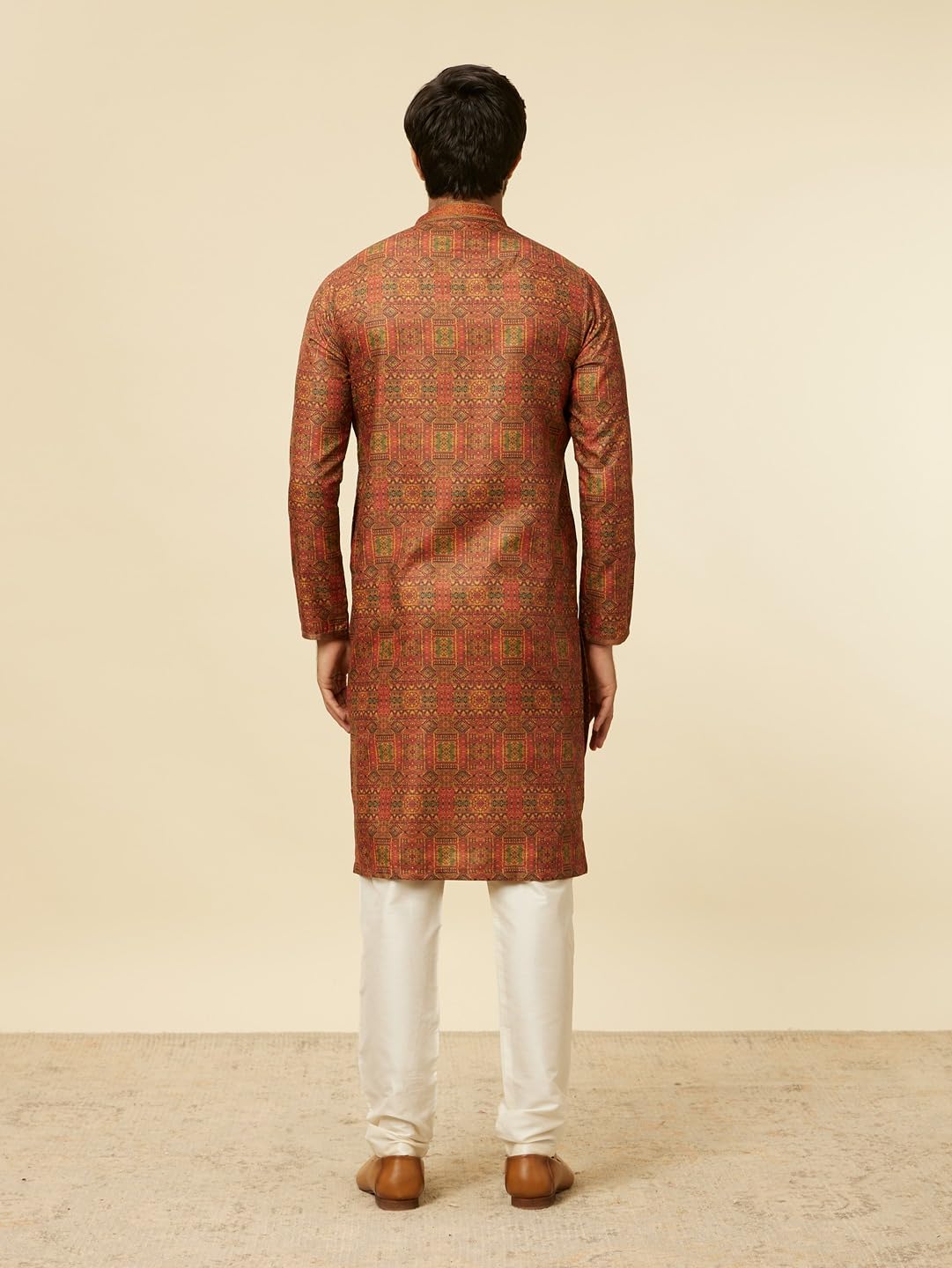Manyavar Rust Blended Viscose Digital Print | Embroidery Kurta Pyjama Set