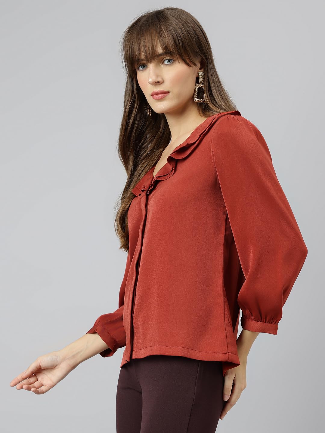 Latin Quarters Women Rust 3/4th Sleeves Casual Solid Shirt_M