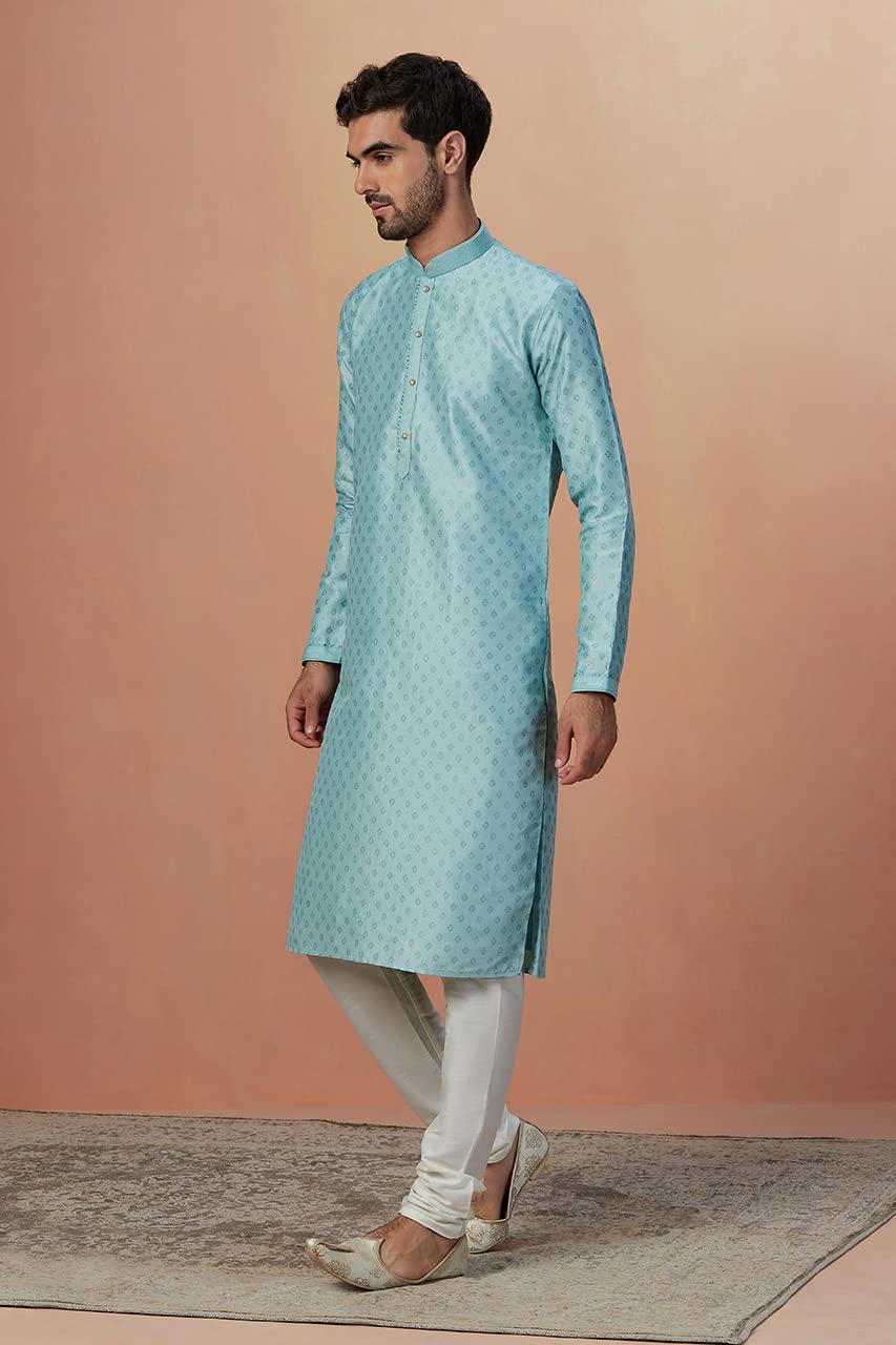 Manyavar Men's Sea Green Kurta Pajama With Golden Motifs (2pcs) (Aqua Green,S)