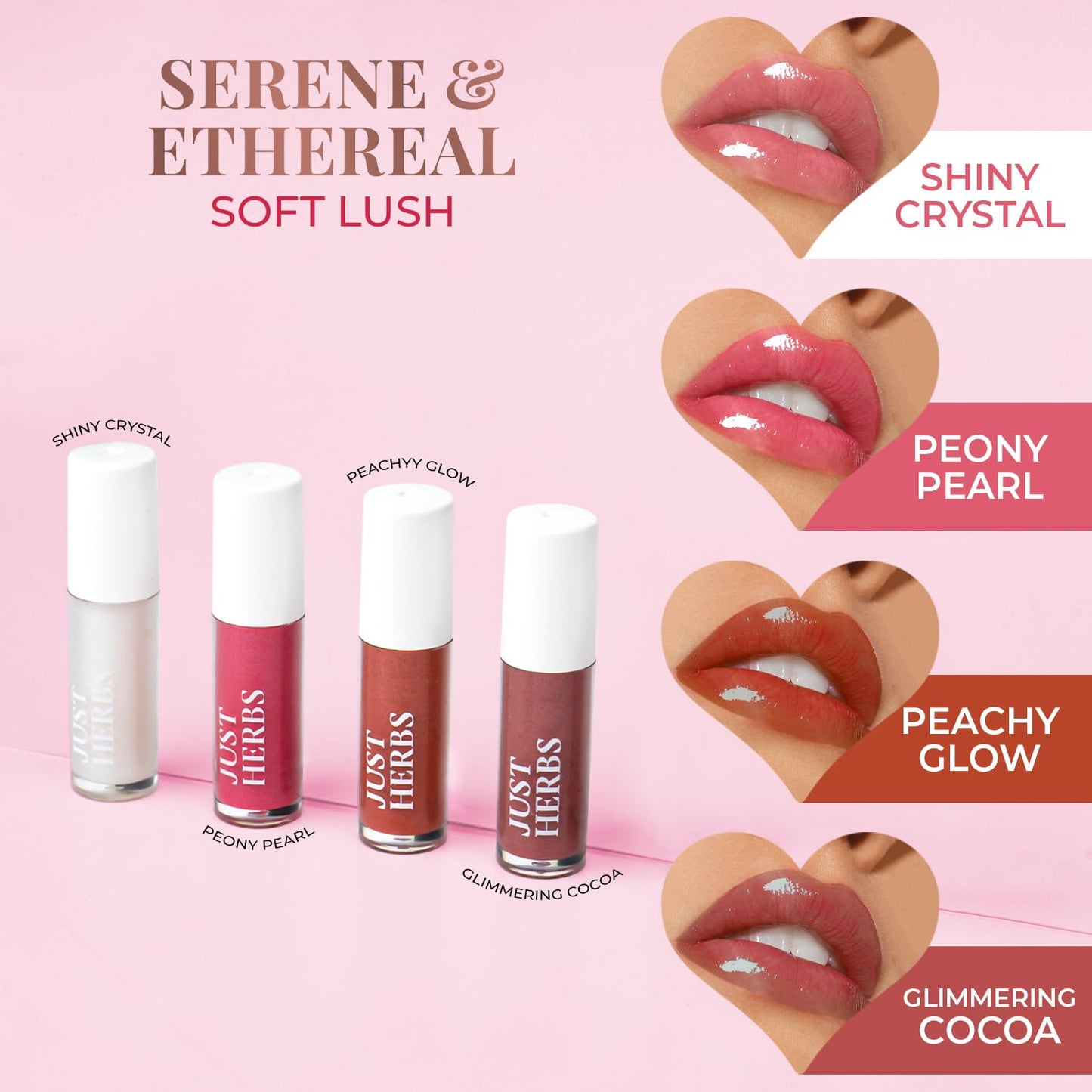 Just Herbs 4 IN 1 Lip Gloss for Women, Serum Infused Non-Sticky Glossy and Hydrating Lip Gloss 4g (Soft Lush)