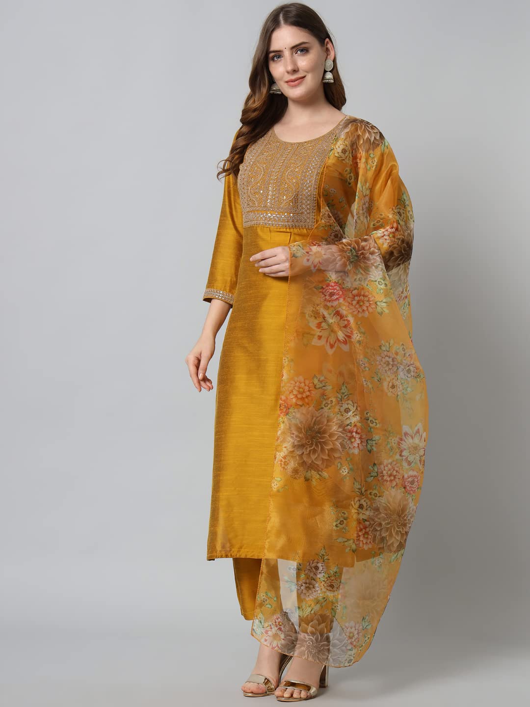 VredeVogel Women's Embroidered Floral Cotton Silk Blend Kurta Pant and Dupatta Set (Mustard_X-Large)