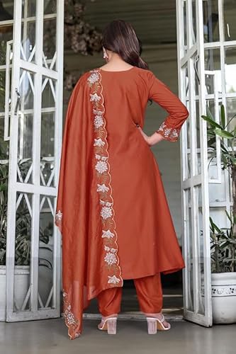 AVYUKTHA | Women Floral Embroidered Tiered Kurta with Palazzos & Dupatta |Work Ethnic Set for Festive, Casual & Party | Orange | Size- M