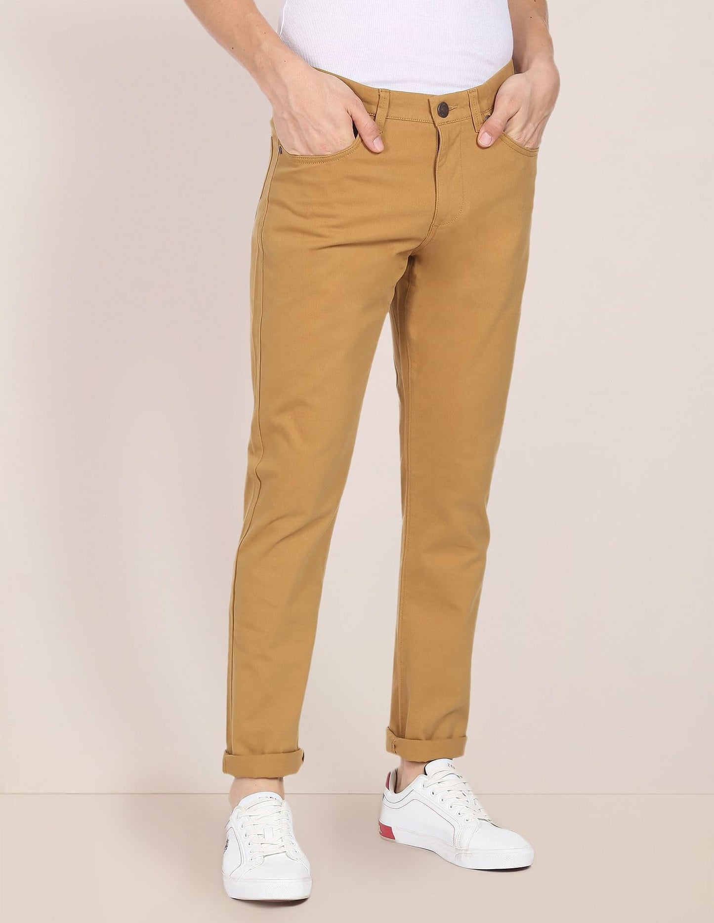 U.S. POLO ASSN. Men's Solid Brandon Regular Fit Mid Rise Casual Trousers (USTROO0269_Khaki_32)