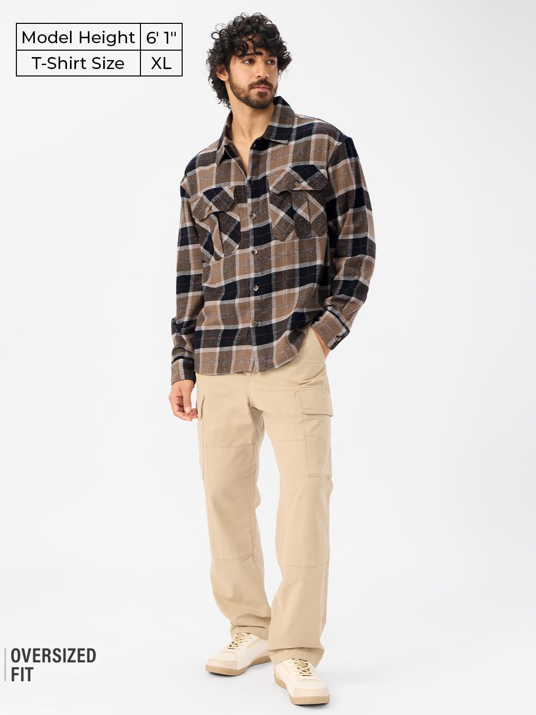 The Souled Store Russet Men and Boys Long Sleeves Collared Neck Button Front Plaid Cotton Oversized Flannel Shackets