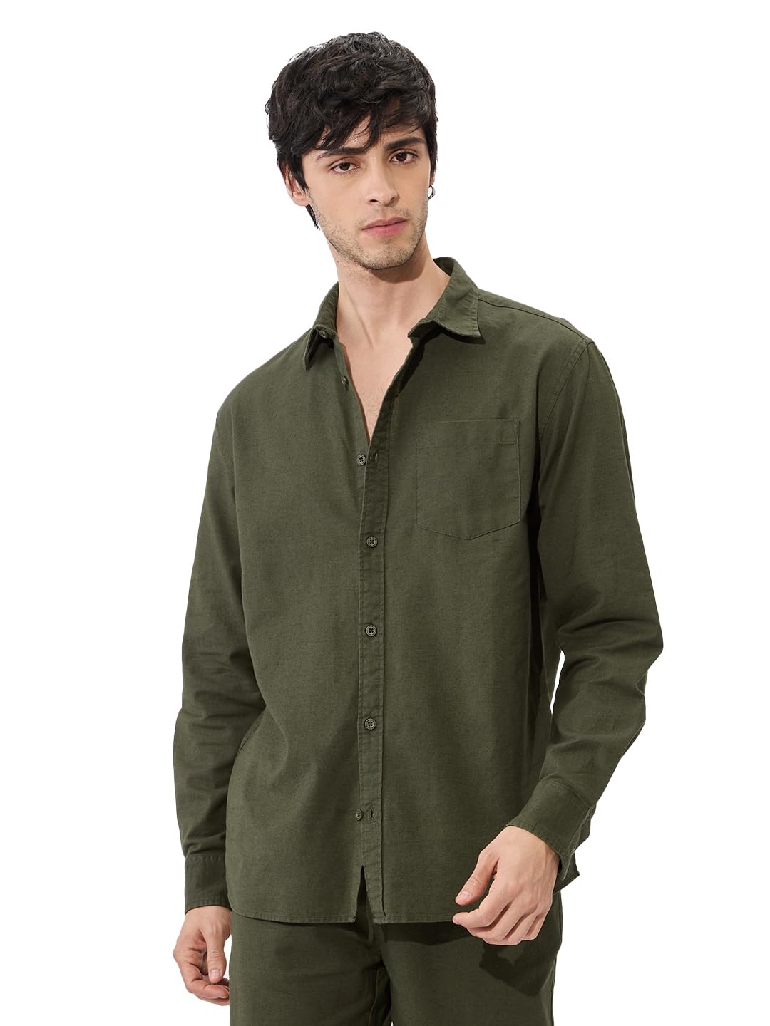 The Souled Store Solids: Olive Green Men and Boys Collared Neck Long Sleeve Button Front Regular Fit Cotton Linen Shirts Solid Shirts Casual
