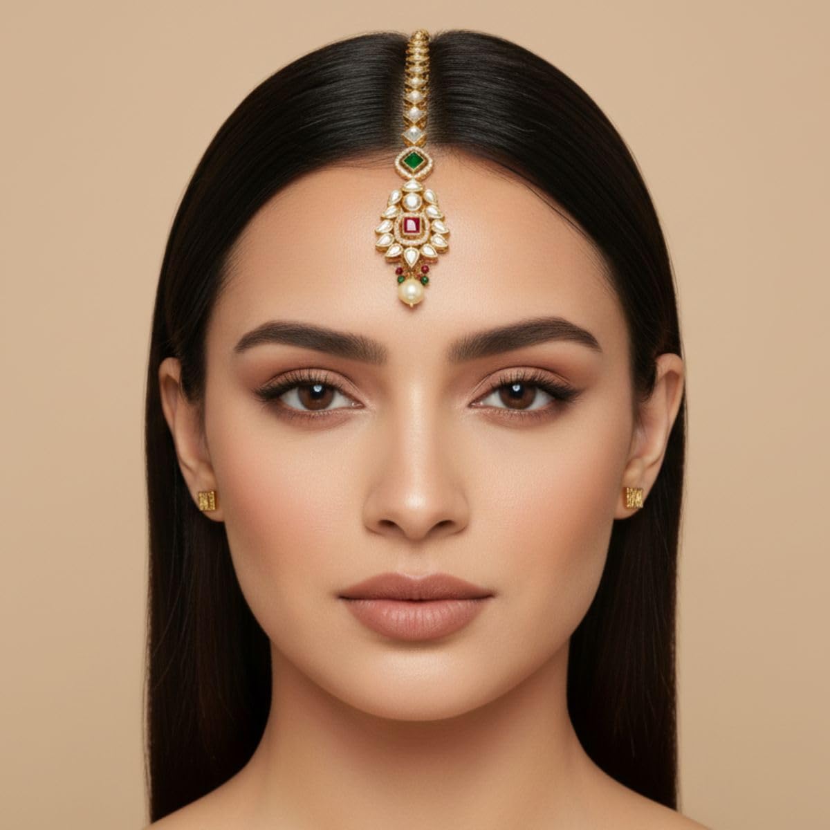 Iksava Elegant Traditional Polki Kundan Maangtika for Women & Girls | White Stone Bridal Forehead Tikka with Pearl Drop | Ethnic Hair Accessory for Wedding & Festive (Multi)