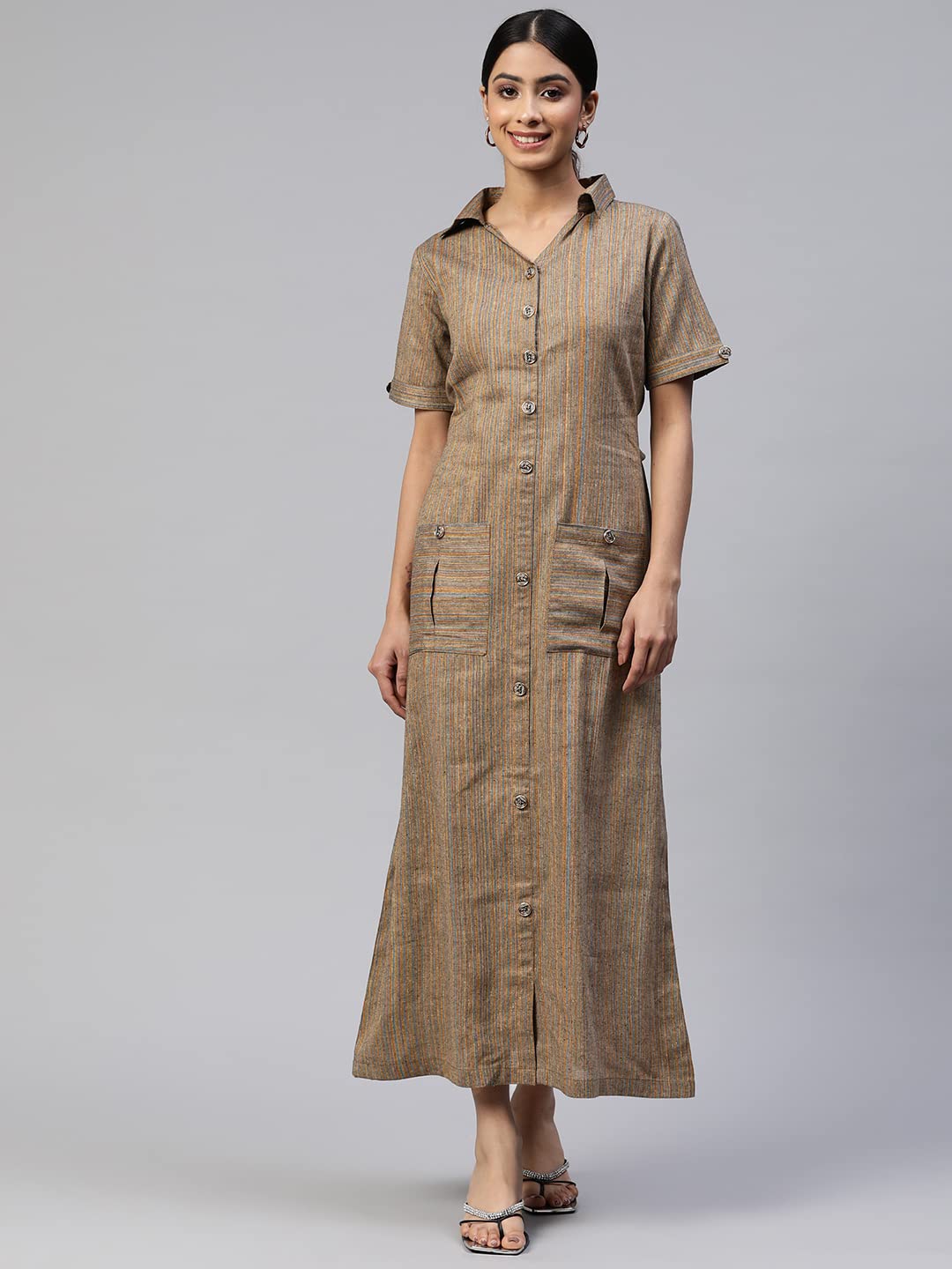 Cottinfab Women Green & Blue Striped Shirt Cotton Maxi Dress