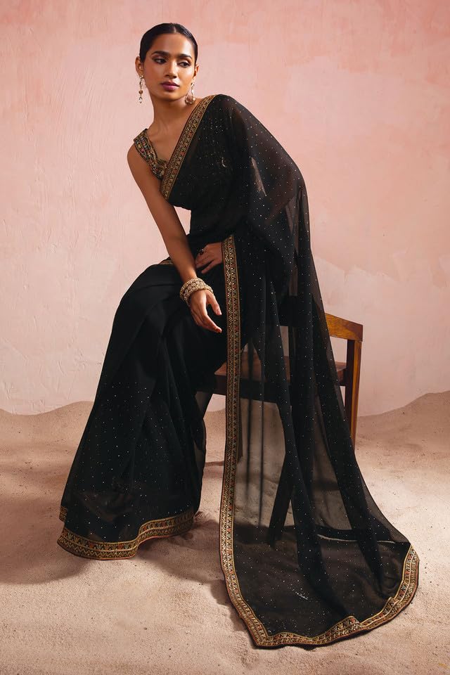 Soch Womens Black Georgette Saree With Stones And Embroidery