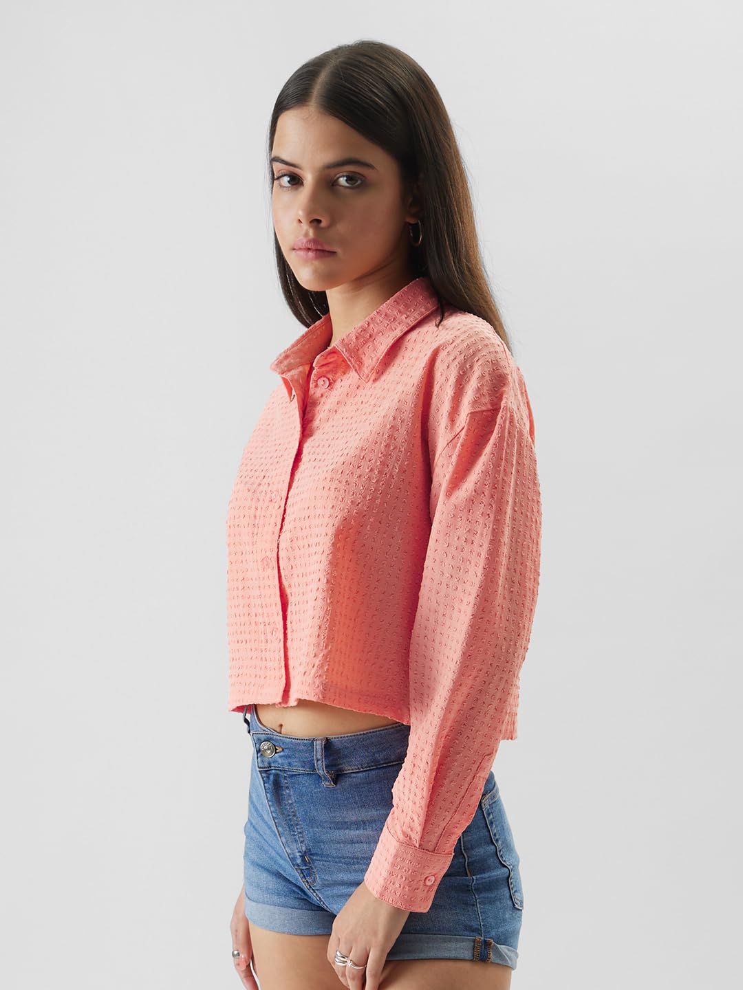 The Souled Store Original Solids: Peach Cotton Cropped Shirts for Women Cropped Shirts Fashionable Trendy Graphic Prints Pop Culture Merchandise Shirts Casual Button-Down Half Sleeve Printed Graphic