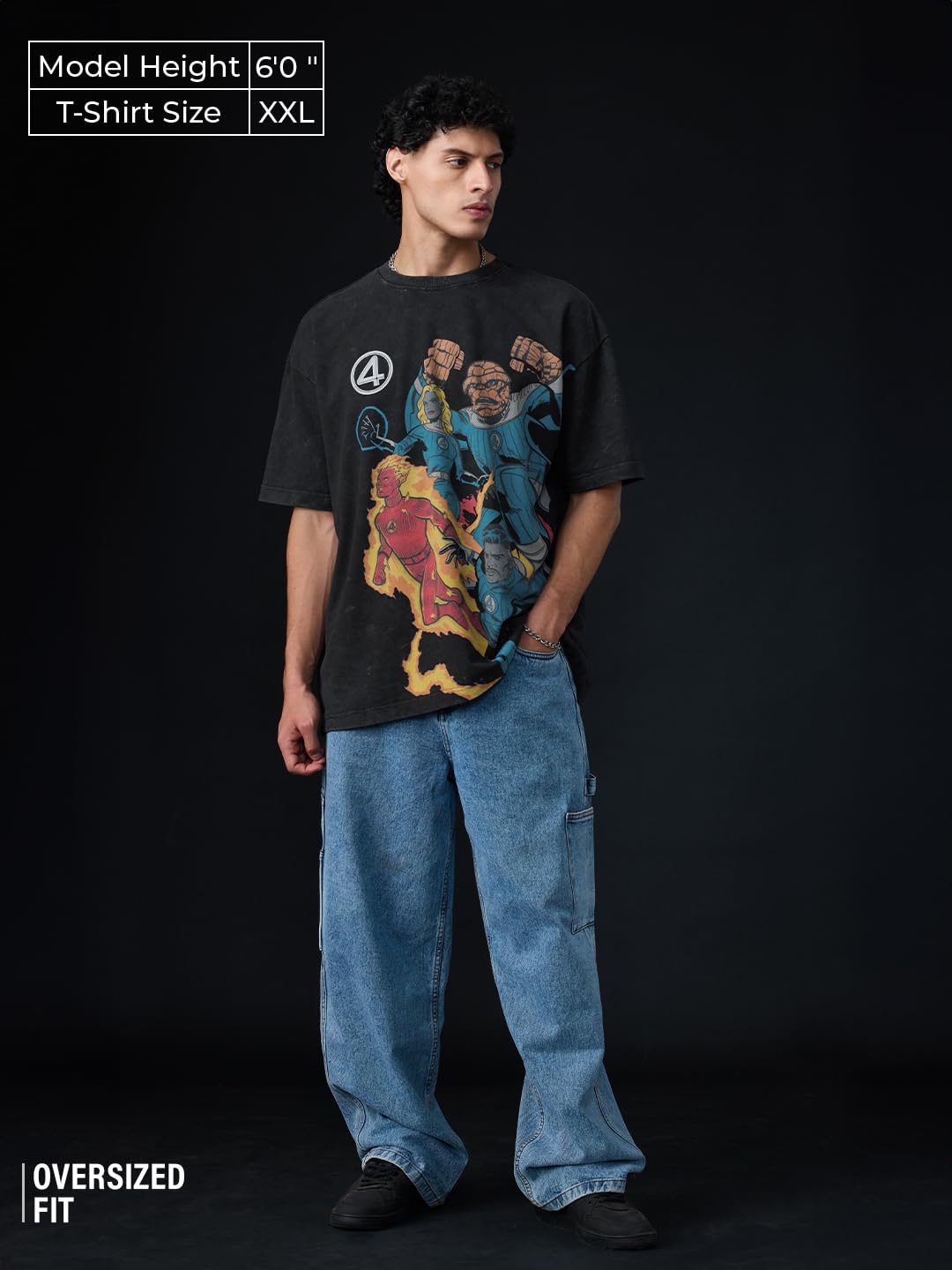 The Souled Store Marvel: Fantastic Four Men and Boys Short Sleeves Round Neck Black Graphic Printed Cotton Lightweight Breathable All-Season Oversized T-Shirt