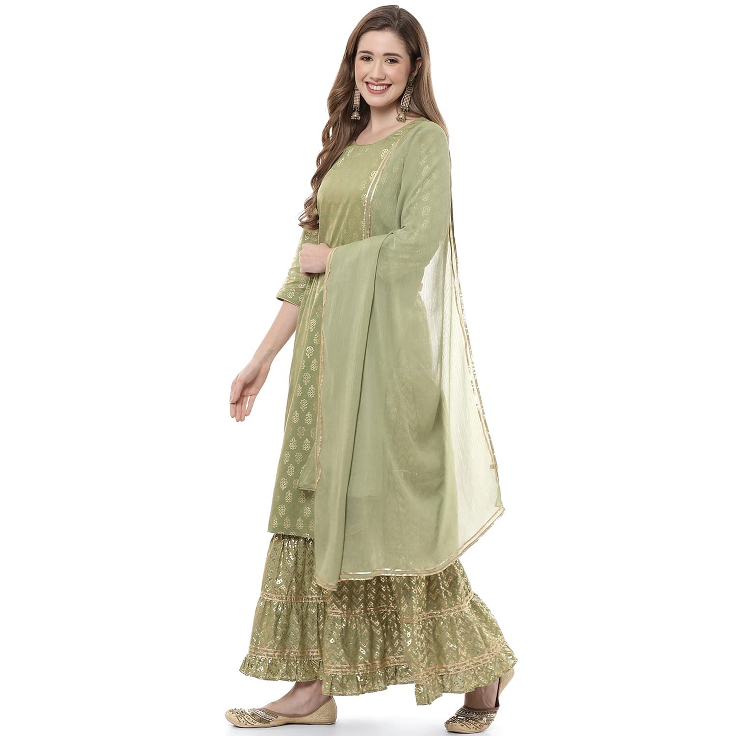 Rangriti Women's Cotton Kurta With Palazzo & Dupatta (190743_Olive Green_36)