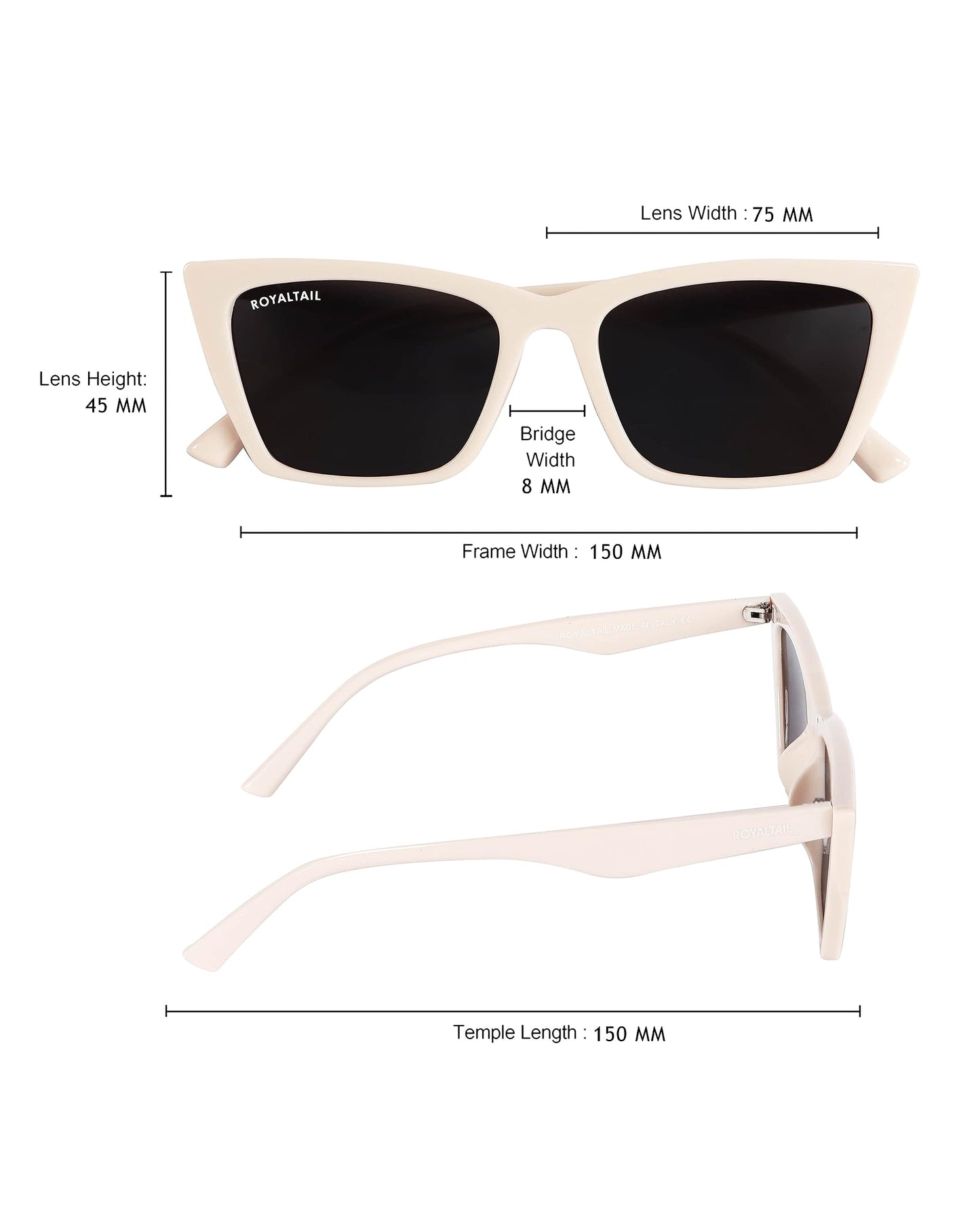 Royaltail Cat Eye Shape Sunglasses Cream Frame & Black Square Glass Unisex 100% UV Protected | For Men & Women | For Protection, Safety, Party, Styling