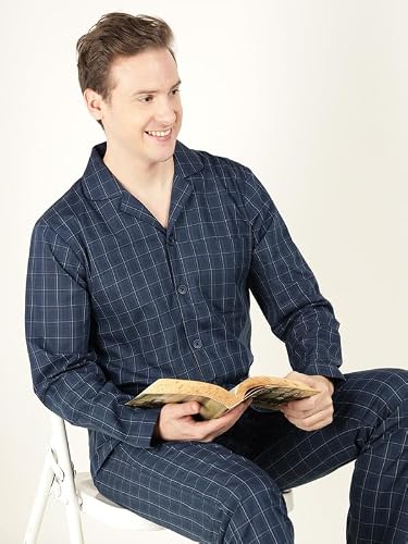 Hancock Men Cotton Checked Relaxed Fit Night Suit Navy Blue Size L