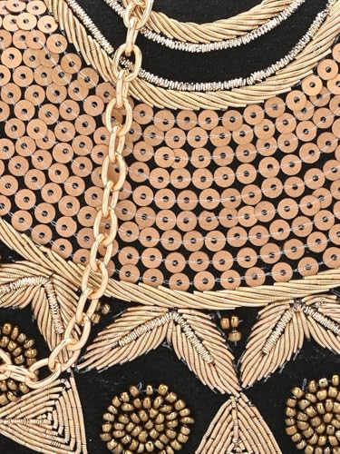 TOOBA Black Synthetic Clutch Bag for Women – Embroidered Sequin Detailing with Pearl Clasp, Perfect for Festival, Receptions & Parties